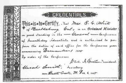 Credencial de Ellen G. White como ministra ordenada
